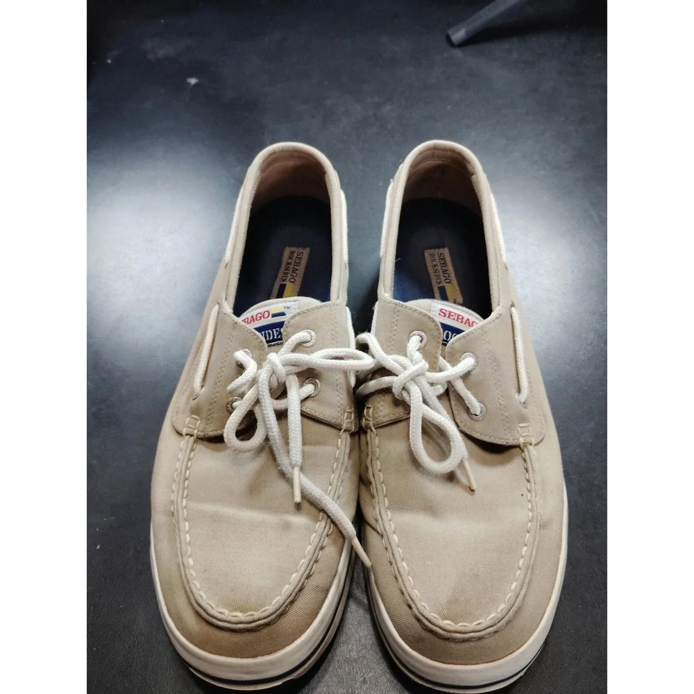 Sebago Docksides Men 13 Beige Canvas‎ Boat Shoes Casual Slip On Loafers Preppy